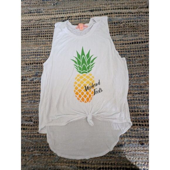 White Sleeveless Tank Top Pineapple XL Tie Front Casual Soft Beachy - Picture 2 of 6